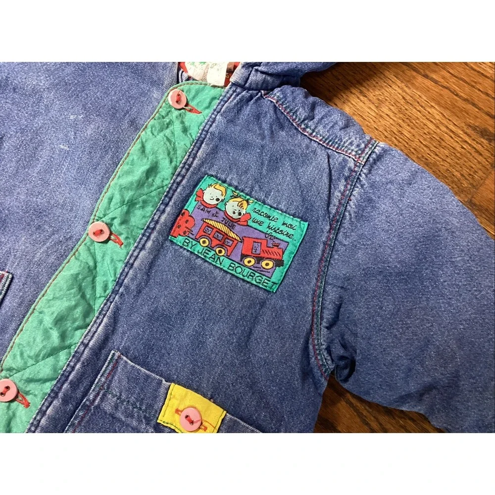 Vtg Jean Bourget Toddler Jean Jacket Insulated Color Block Train Pattern Sz 2-4